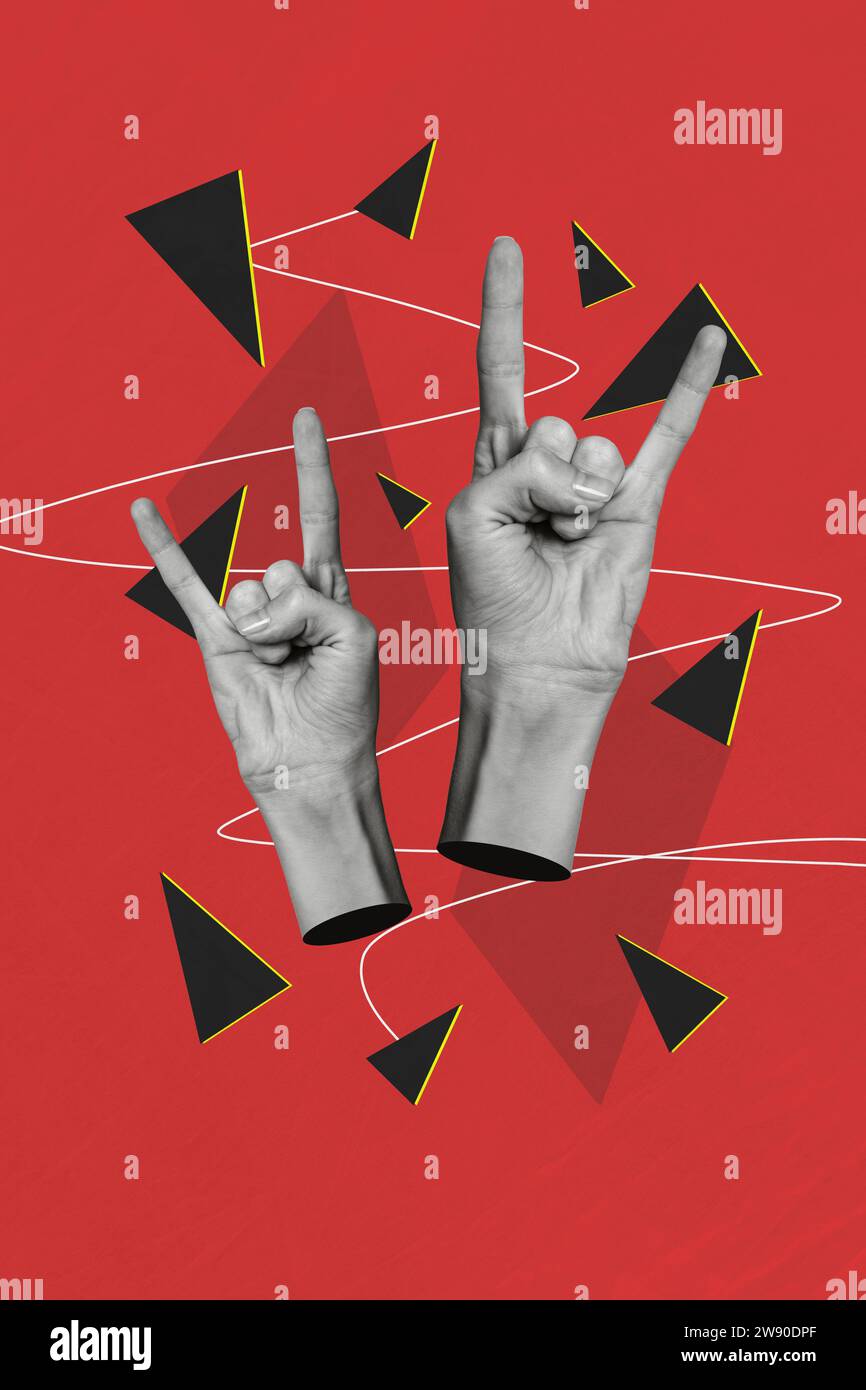 Vertical collage creative poster monochrome effect two hand show gesture rock roll communication unusual exclusive background Stock Photo