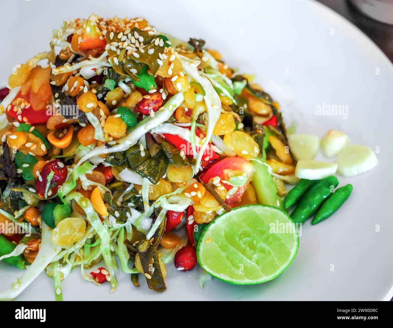 Burmese, Myanmar tea leaf salad called Lahpet thoke recipe. Closeup