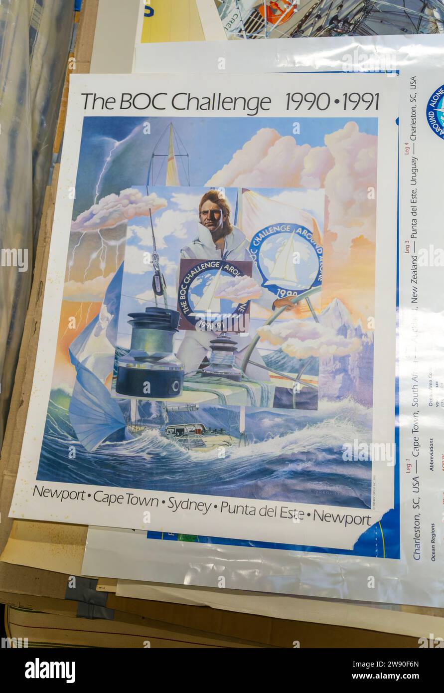 Pile of vintage posters on sale at auction - Poster for The BOC Challenge 1990-1991 around the world sailing event Stock Photo