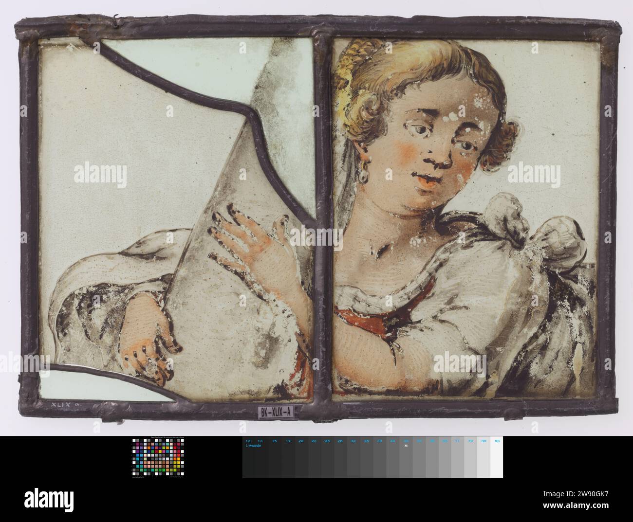 Window with head, shoulders and arms of a female figure, anonymous, c. 1600 - c. 1699  Two windows with email painting shown: head and shoulders of a woman who carries a cylindrical object. Belong to group inv. Nos. BK-XLIX-A T/M G.  glass. lead (metal).. Stock Photo