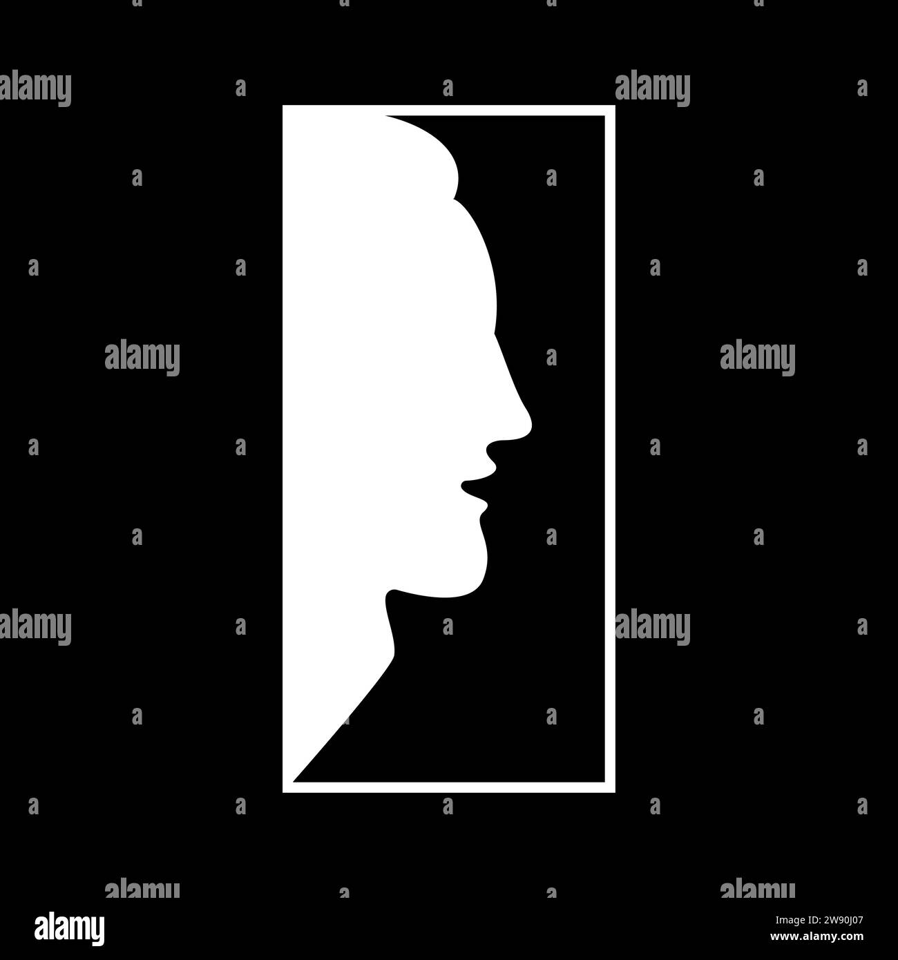 logo silhouette of the head and face of a man in a frame. Isolated vector illustration on black background. Stock Vector