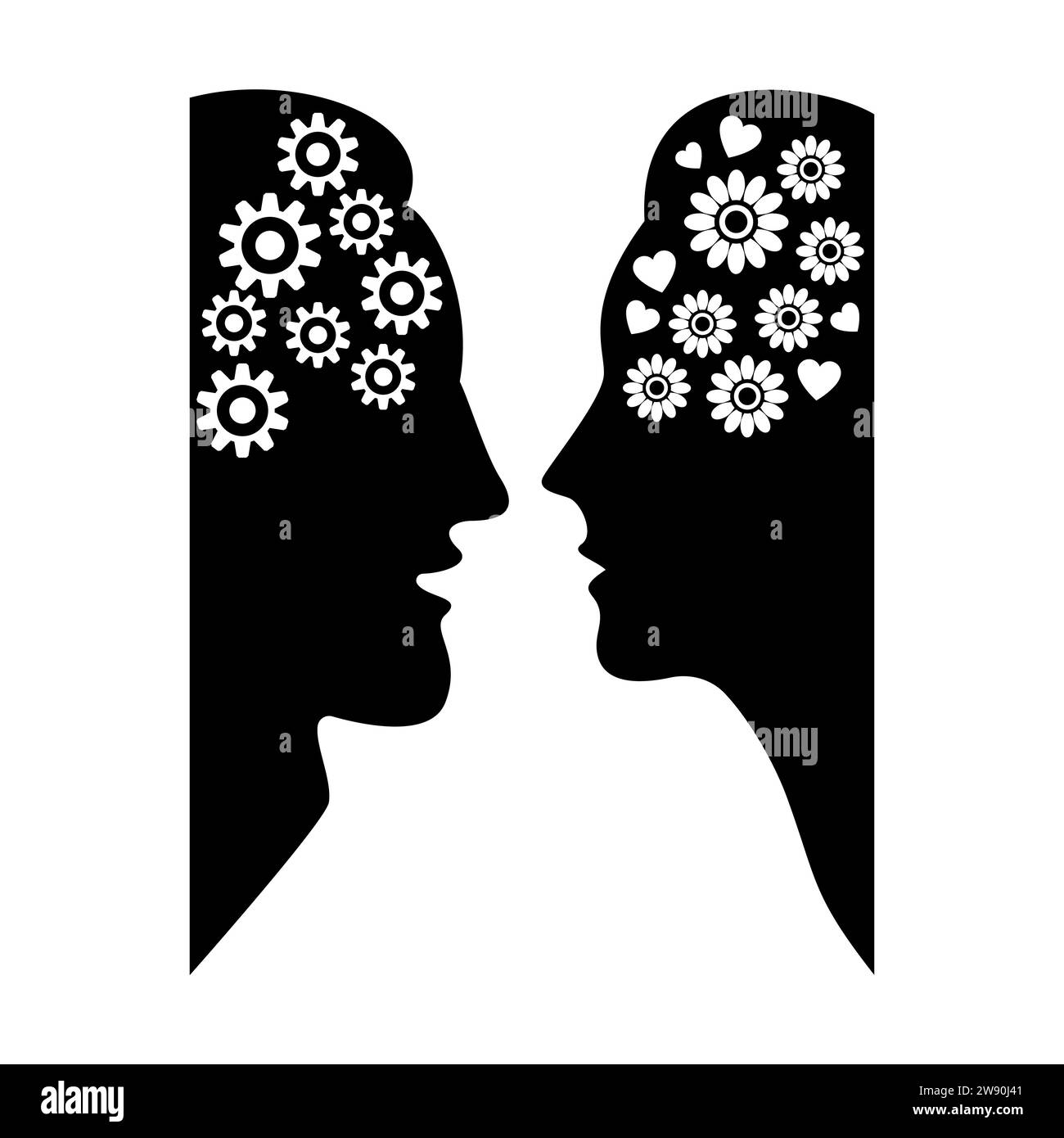 Man with gears and woman with flowers and hearts in heads. The concept of different thinking between a man and a woman. Black silhouettes of faces. Stock Vector