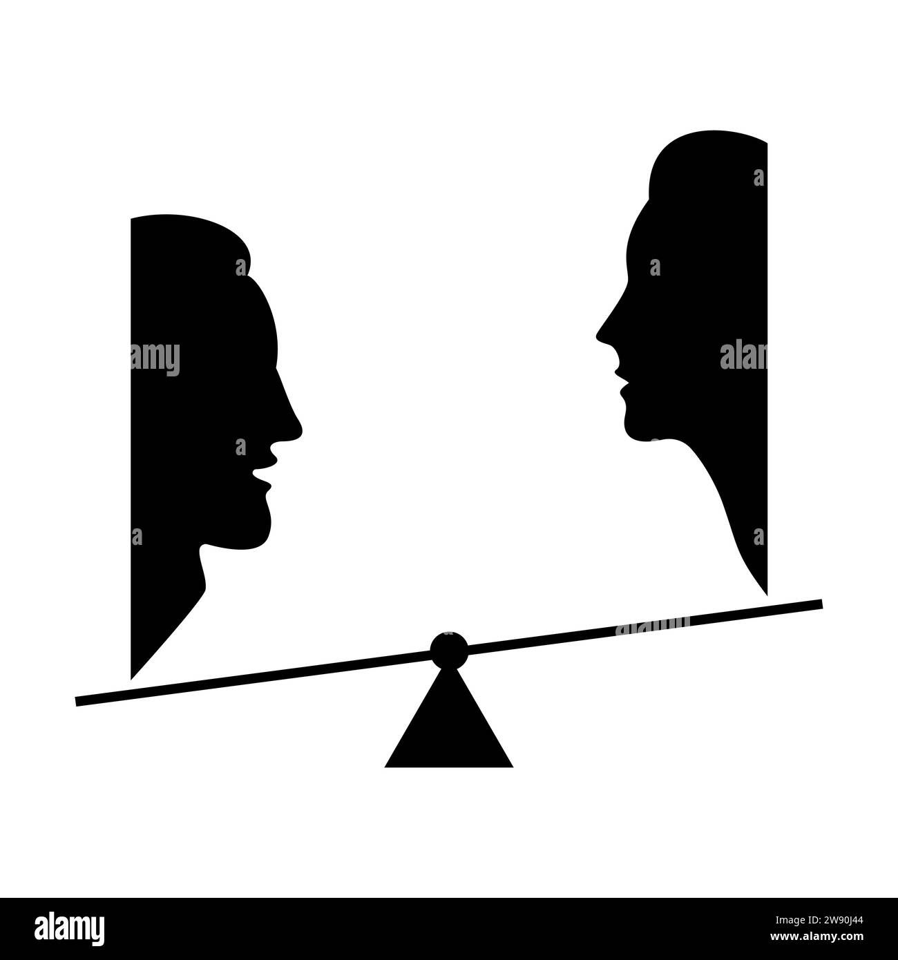 Silhouettes of the heads and faces of a man and a woman on the scales ...