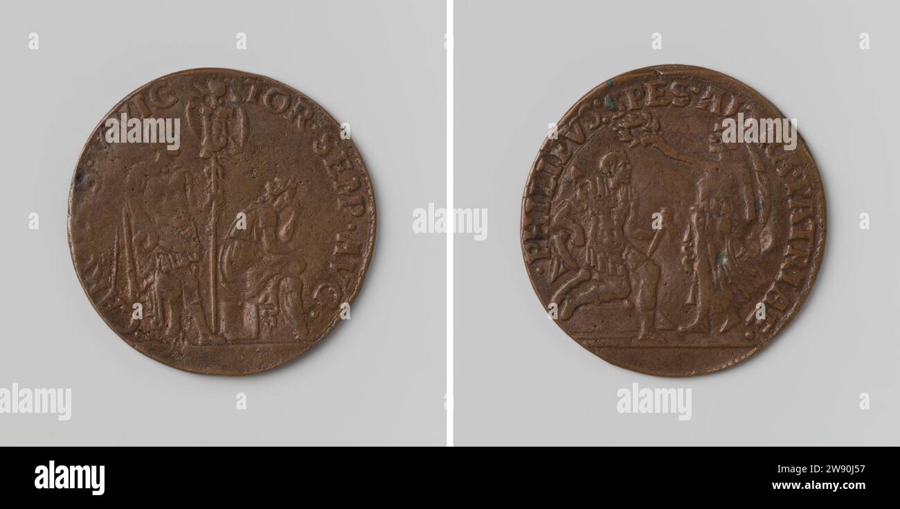 Convention of Passau, in honor of Philip, heir prince of Spain, successor to Charles V as Lord of the Netherlands, Anonymous, 1552 live Copper medal. Front: harnessed Karel V holds Zeget sign in the left hand; In front of him is a crowding woman inside Covering. Riddling: standing woman, representing victory, keeps palm branch in the left hand and holds a laurel wreath above head of Philip, dressed in Roman outfit, sitting on chair with commandostaf in hand inside Omschrift  copper (metal) striking (metalworking) Peace of Passau Passau Stock Photo
