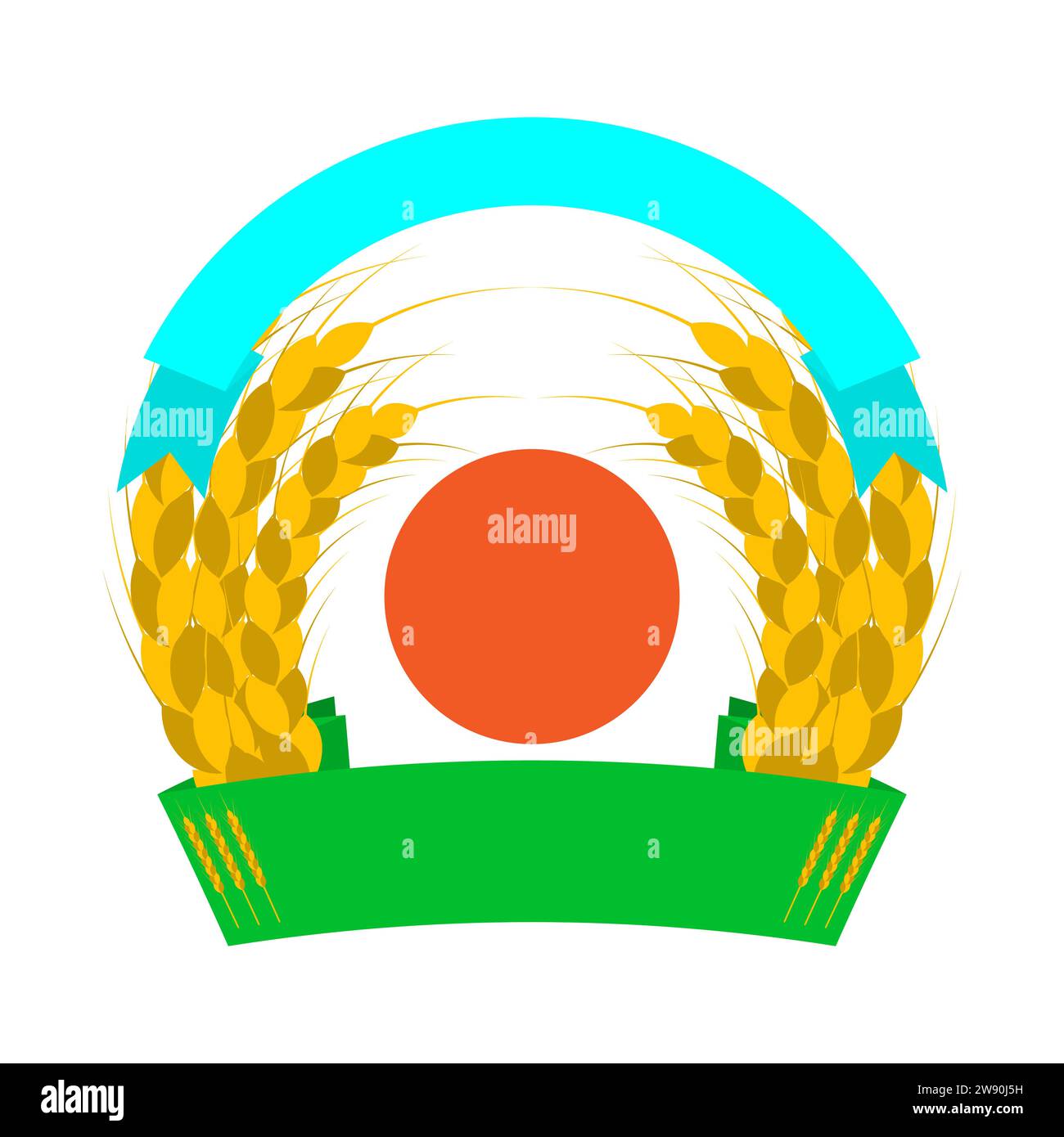 Wheat ears logo with sun and ribbons. Round shapes. Green, orange ...