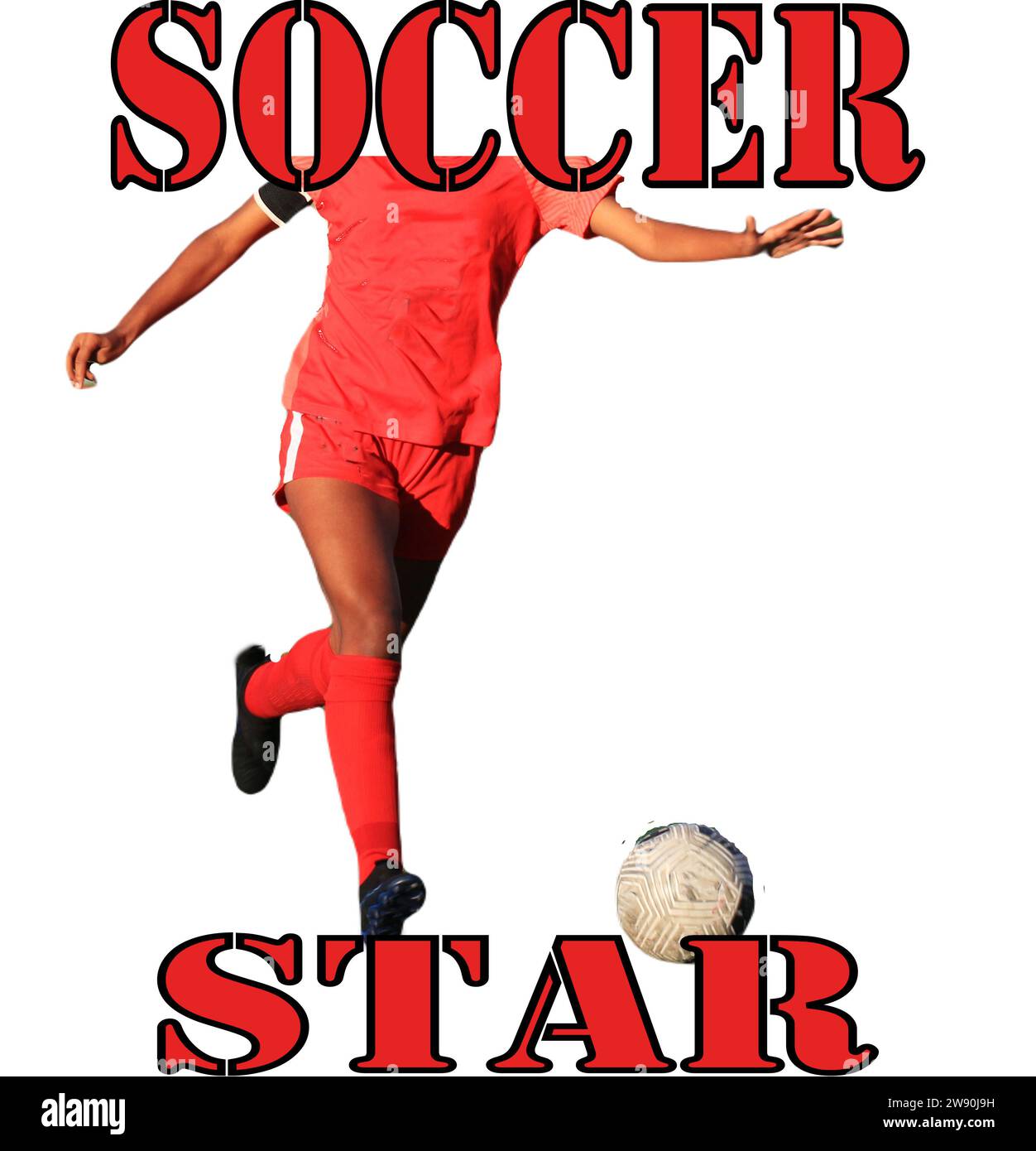 A female soccer player in a red uniform with the words Soccer Star and