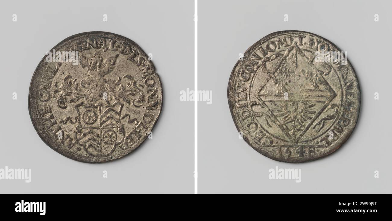 Anthony Carlier, lord of Hoogblokland, head of the Munthuizen, Anonymous, 1548 live Silver medal. Front: Helmed coat of arms under winged, slanted tower inside. Reverse: window -shaped coat of arms inside.  silver (metal) striking (metalworking) Stock Photo