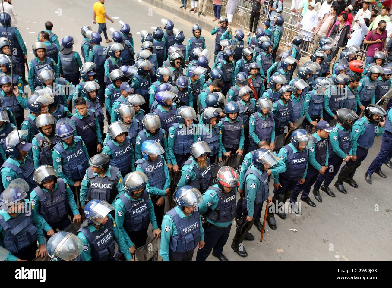 Dhaka, Bangladesh. 23rd Dec, 2023. Bangladeshi police with shields and