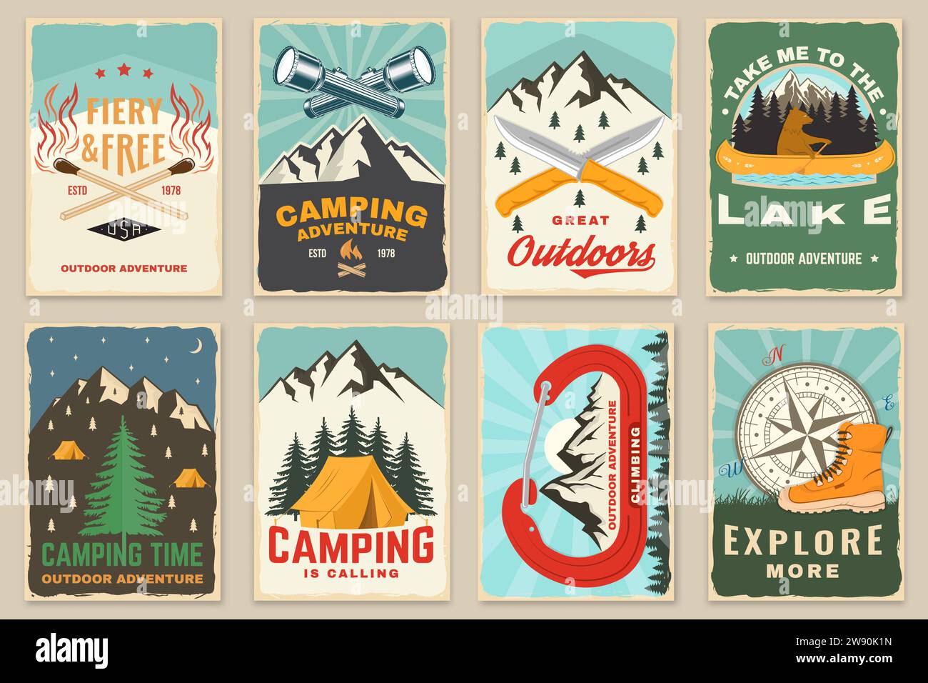 Set of camping retro posters. Outdoor adventure vector badge design. Vintage typography design with knives, camping flashlight, bear in canoe, matches Stock Vector