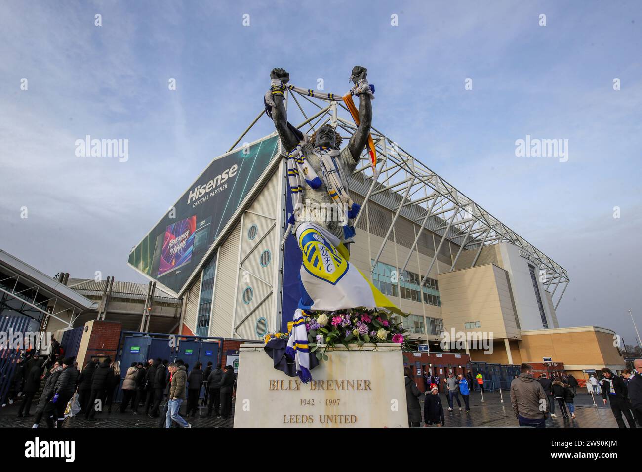 Leeds, UK. 23rd Dec, 2023. The Billy Bremner statue outside Elland Road