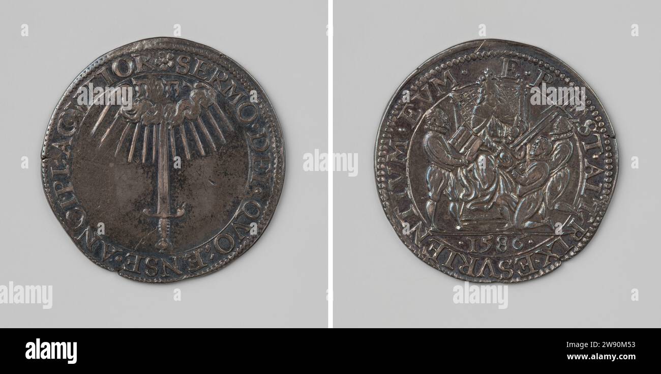 English help to the insurgents, Anonymous, 1586 live Silver medal. Front: sword with point -oriented; In addition, Jehovah's name in Hebrew's script in radiant cloud within Omschrift. Reverse: sitting woman, representing Elisabeth, Queen of England, hands sword to two kneeling Staatse envoys; Left: man with open book within Overschrift; Cut: year Dordrecht silver (metal) striking (metalworking) Stock Photo