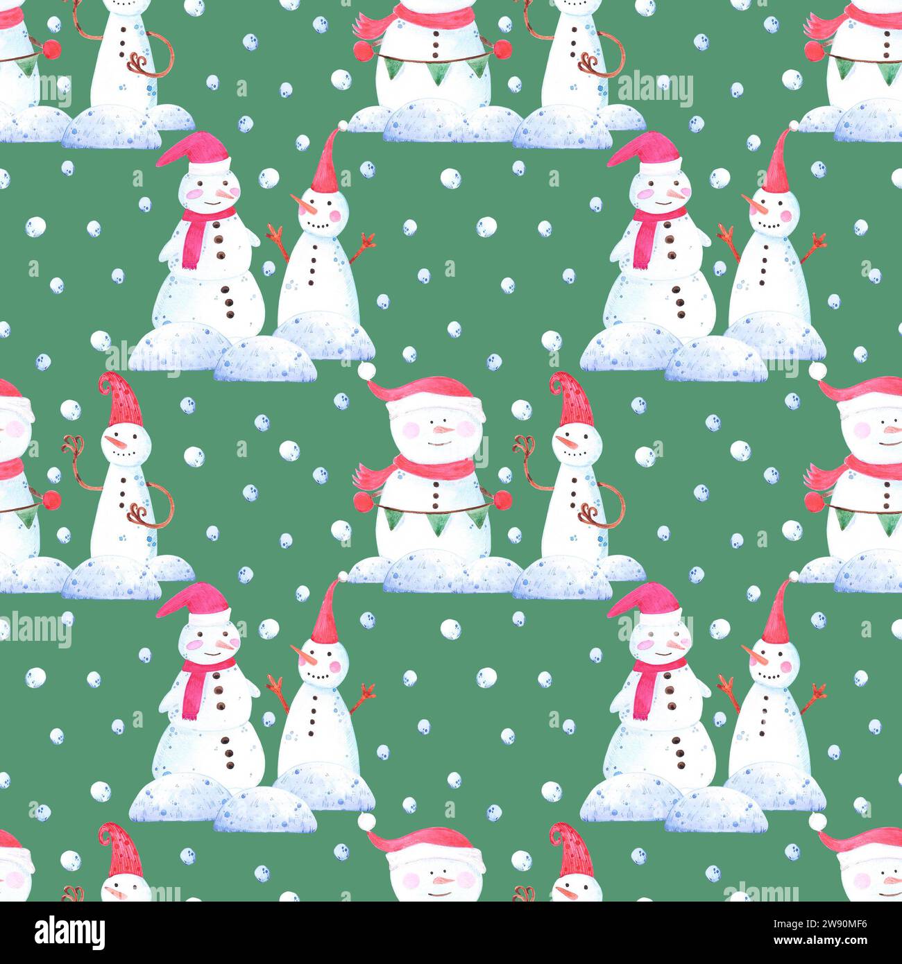 Hand drawn watercolor snowmen seamless pattern. Christmas illustration ...