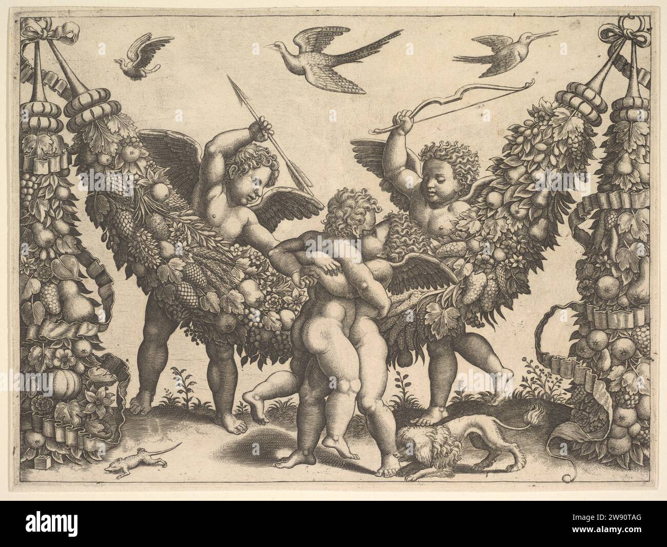 Reproduction Putti Four putti, two embracing in front of a large garland, two behind, the ...