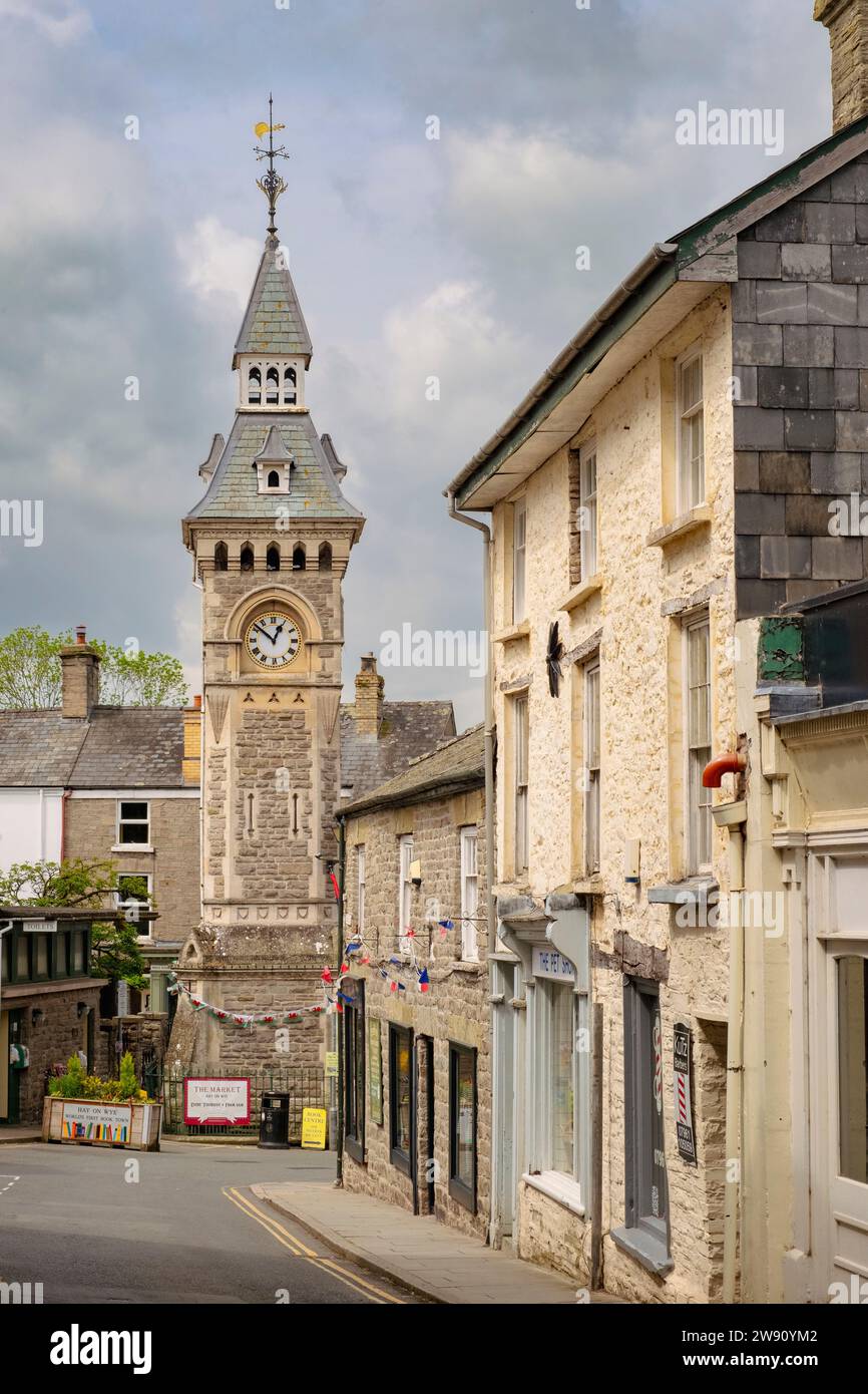 View along the street to the clock tower. Lion Street, Hay-on-Wye, Powys, Wales, UK, Britain Stock Photo