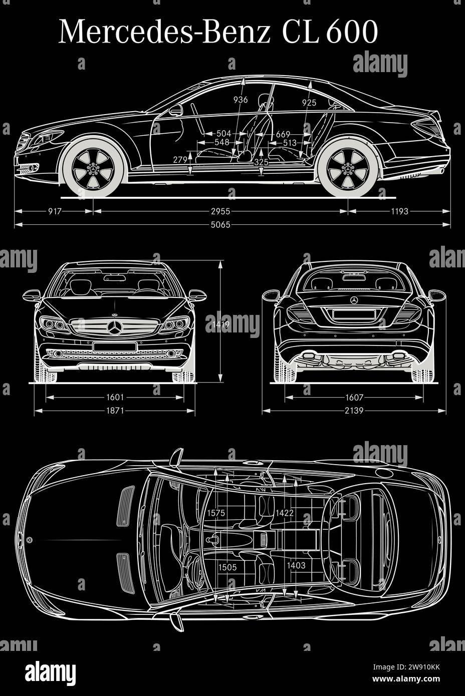 Mercedes Benz CL 600 2007 car blueprint Stock Vector