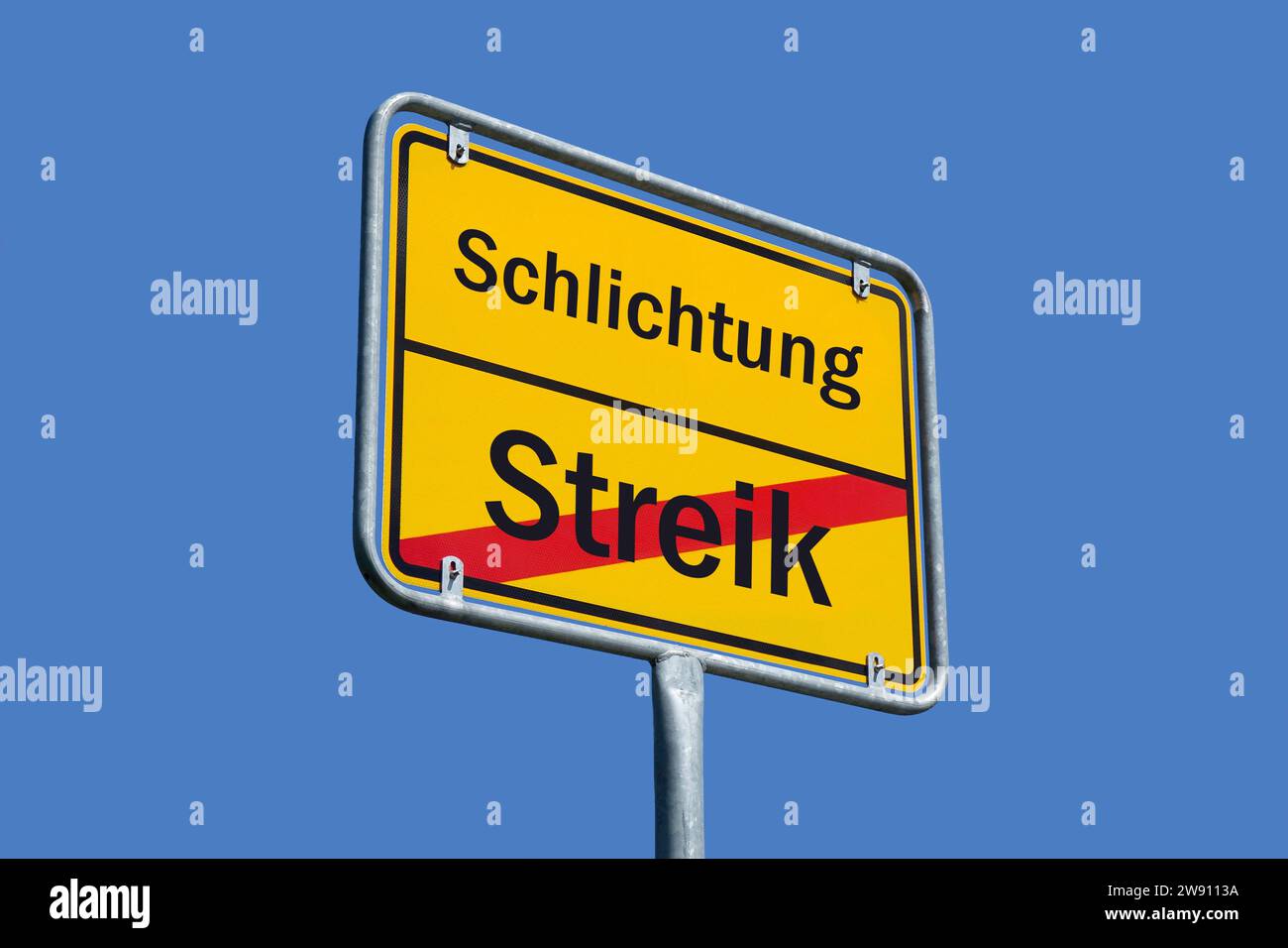 Ortsschild mit Streik und Schlichtung Ortsschild mit Streik und