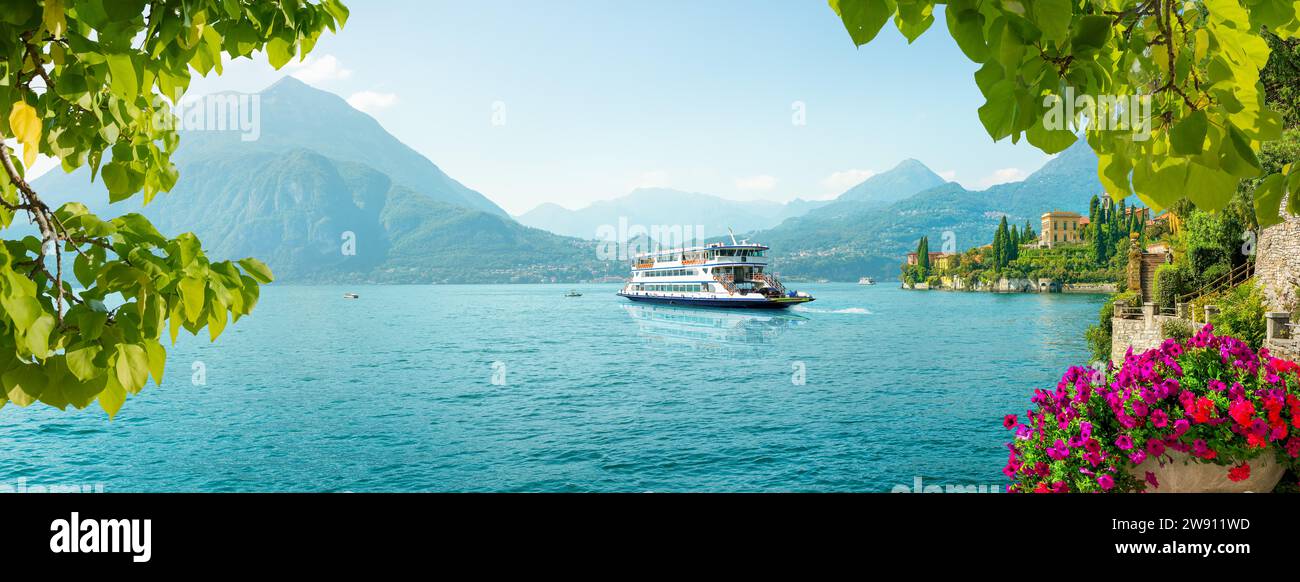 Flowers in town of Varenna by Lake Como, Italy Stock Photo