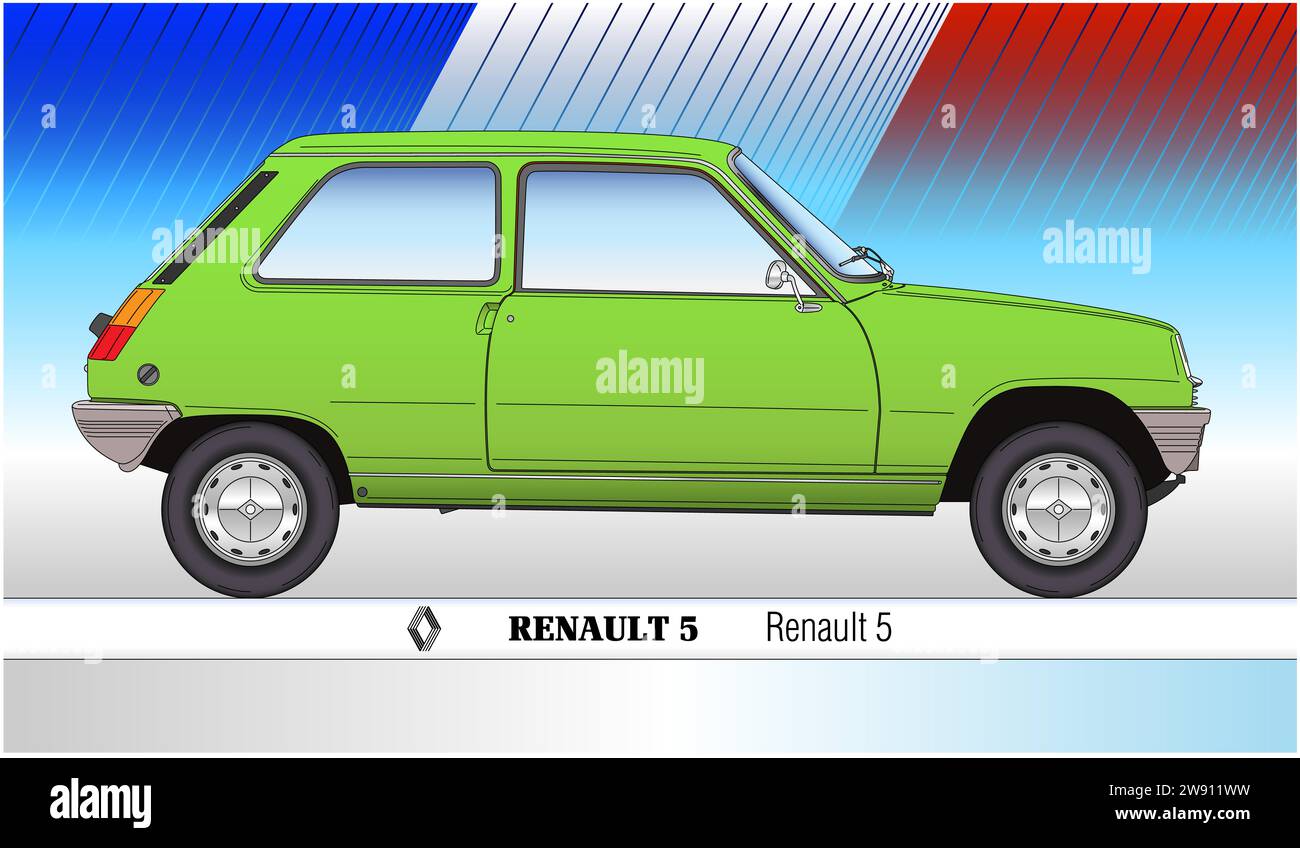 France, year 1972, Renault 5 vintage car, coloured silhouette, illustration on the french flag background Stock Photo