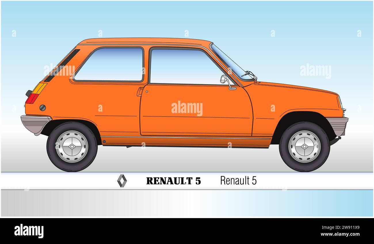 France, year 1972, Renault 5 vintage car, outlined silhouette, coloured illustration on the blue sky background Stock Photo
