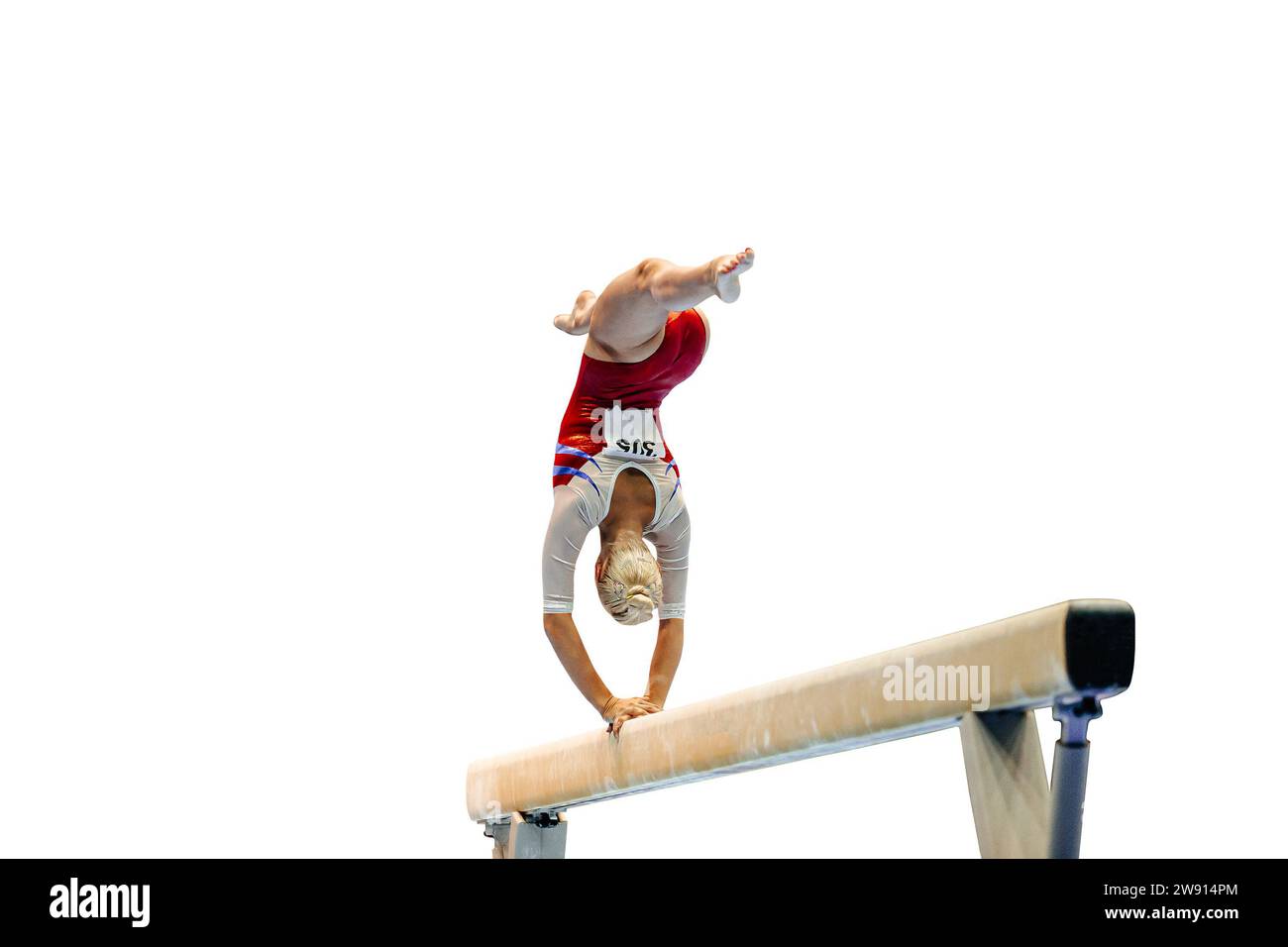 back female gymnast athlete flipping on balance beam gymnastics, isolated on white background Stock Photo