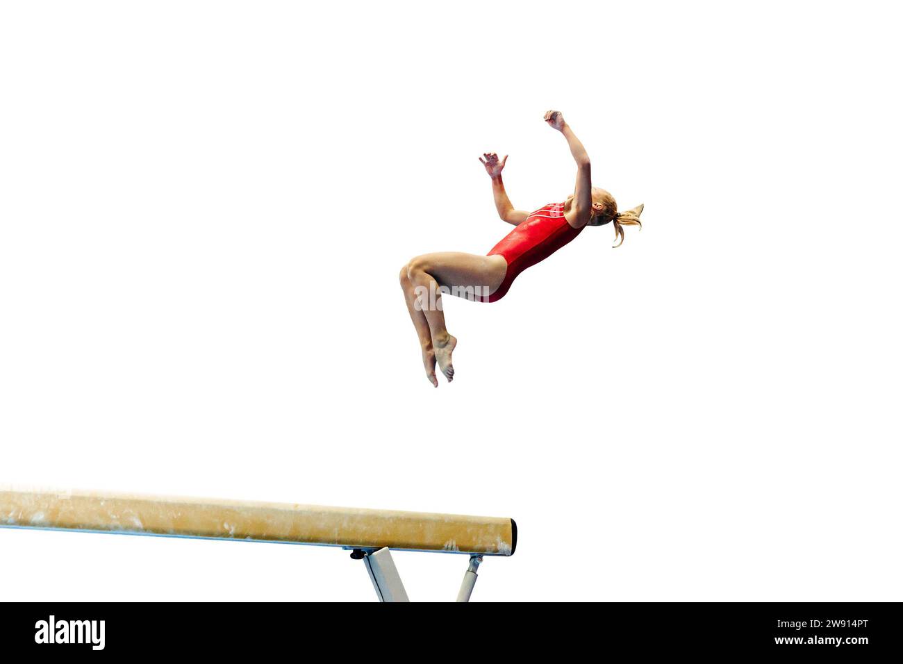 female gymnast exercise somersault on balance beam gymnastics isolated on white background Stock Photo