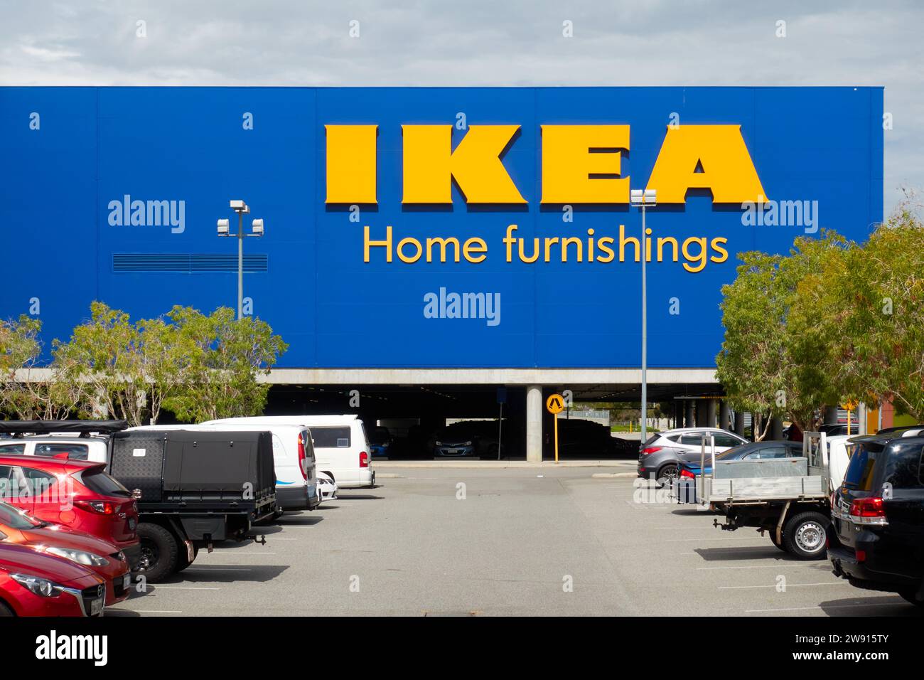 The exterior of the IKEA home furnishings store with the carpark in the