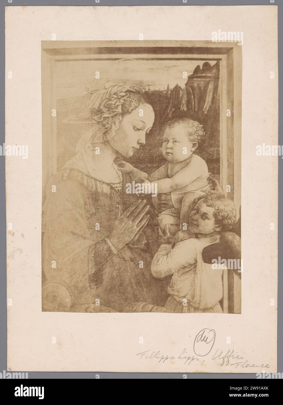 Photo production of a painting by Madonna with child and angel by Filippo Lippi, Anonymous, After Filippo Lippi, c. 1870 - c. 1890 photograph   paper. cardboard albumen print picture, painting. Madonna: i.e. Mary with the Christ-child Uffizi Gallery Stock Photo