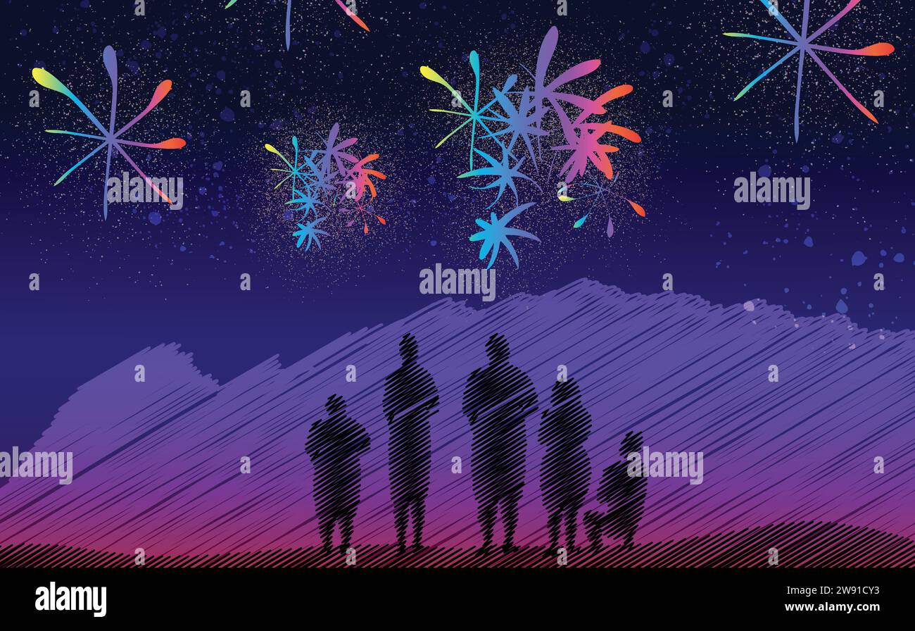 FAMILY SILHOUETTE WATCHING THE FIREWORKS DISPLAY Stock Vector