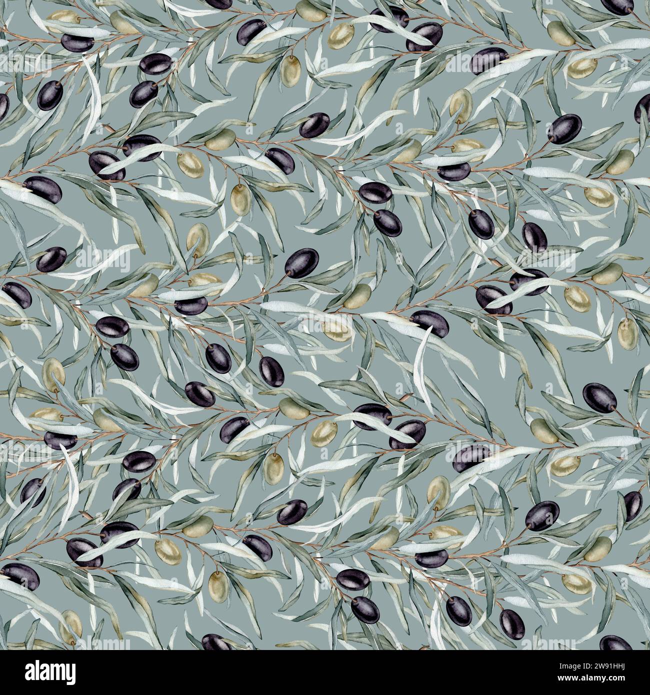Watercolor seamless pattern with black and green olives and branch ...