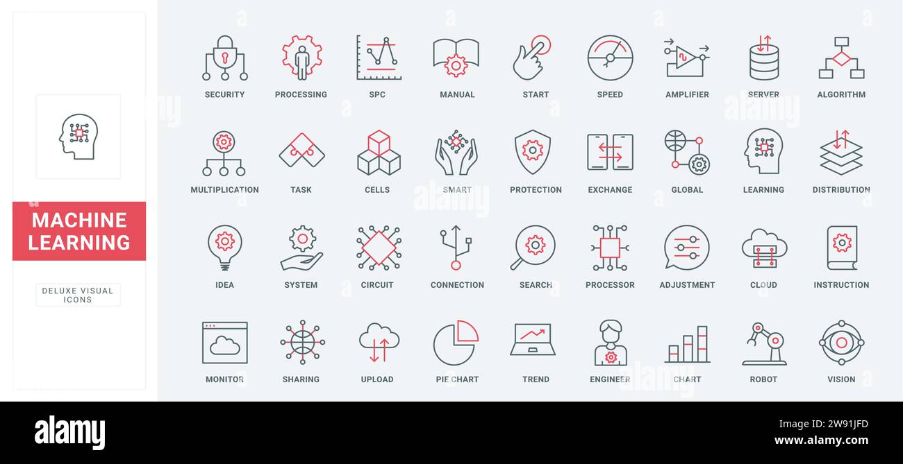 Machine learning thin black and red line icons set vector illustration. Outline pictogram collection of data research algorithms, digital dashboard of computing system, global analysis automation Stock Vector