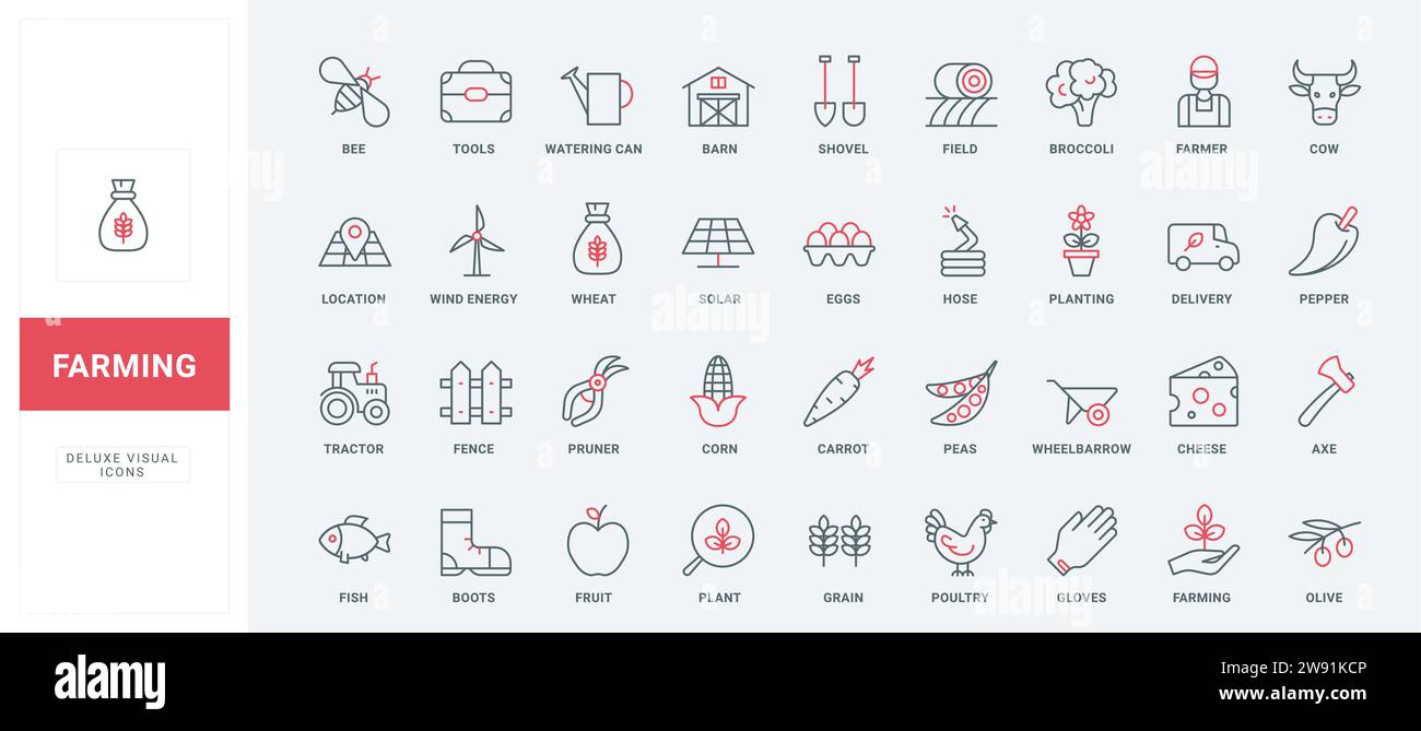 Agriculture and farming thin black and red line icons set vector illustration. Outline vegetable harvest from field and tractor symbols, corn and wheat crop, farm food products and farmers equipment Stock Vector