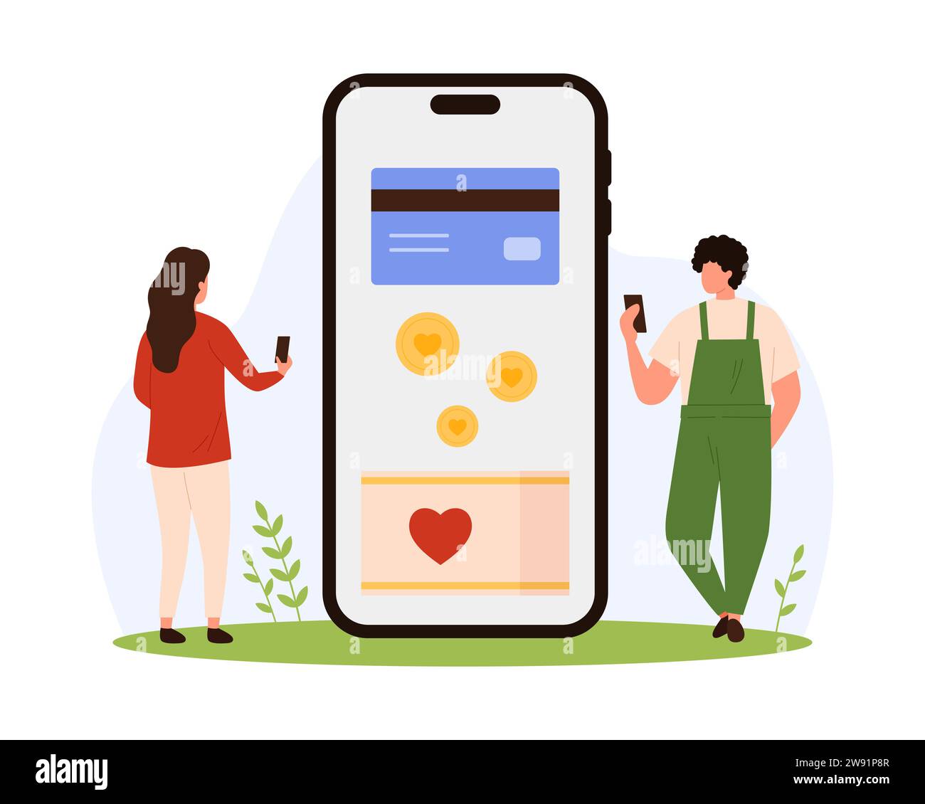 Charity mobile app, humanitarian aid campaign from community vector illustration. Cartoon tiny people donate online with phone, volunteers give money Stock Vector