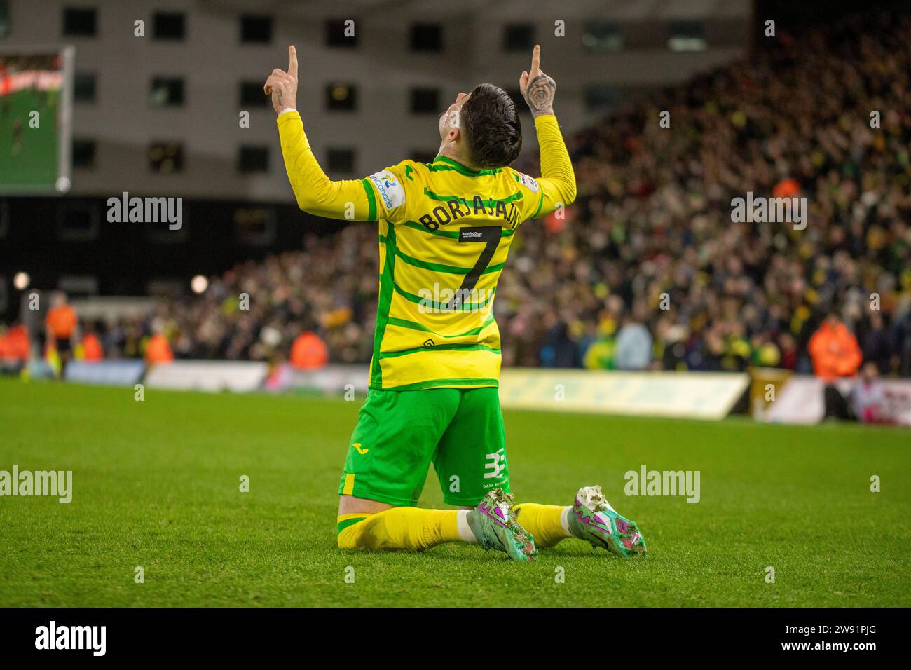 Norwich, UK. 23rd Dec 2023. Norwich City Borja Sainz celebrates after