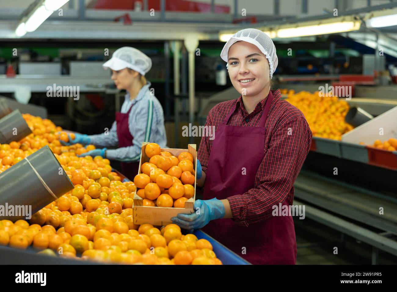 Happy female sorting factory worker showing mandarins in box Stock ...