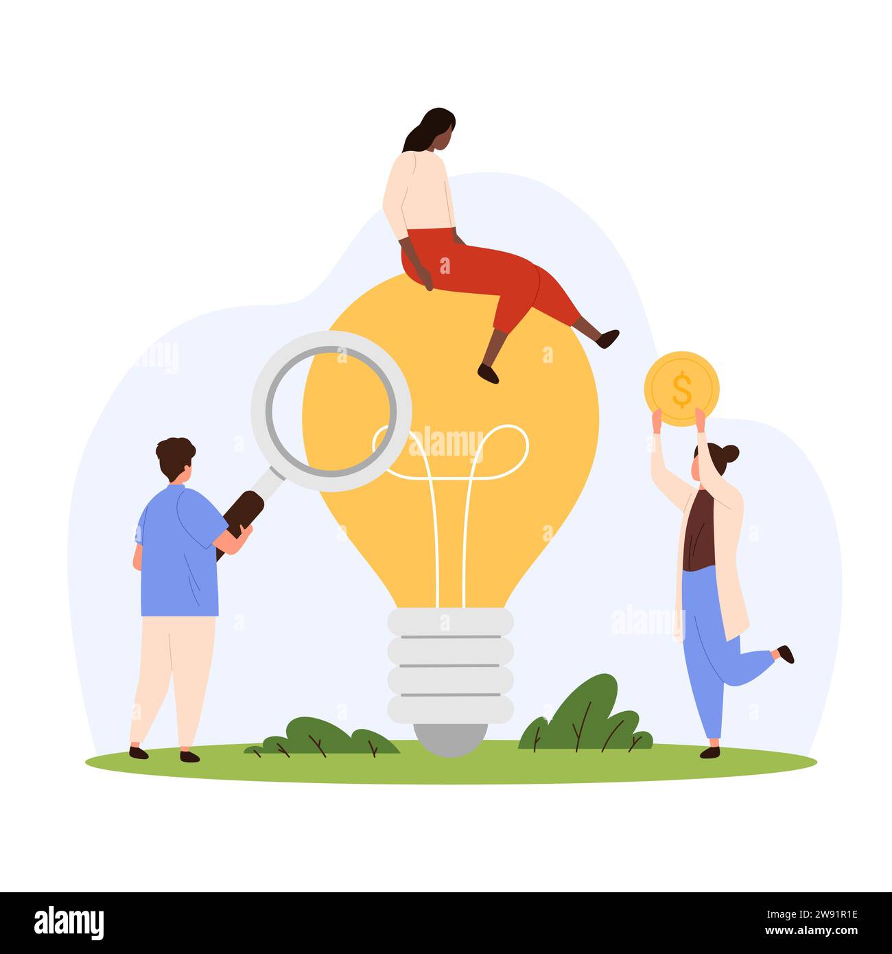 Innovation idea research vector illustration. Cartoon tiny people search digital technology and creative good project for investment, characters holding magnifying glass and money near light bulb Stock Vector