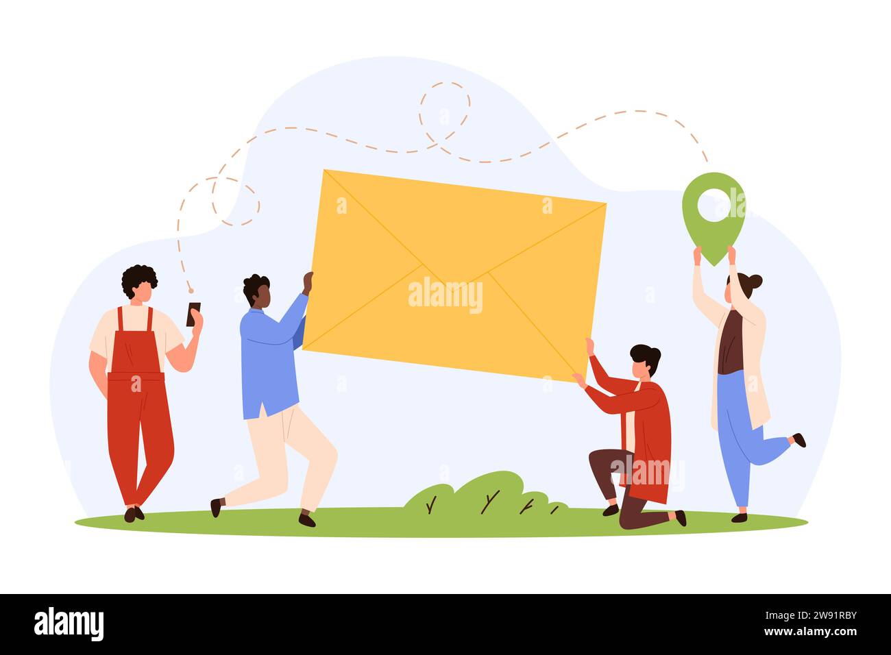 Email correspondence, notification message vector illustration. Cartoon group of tiny people holding large yellow paper envelope to send mail letter and newsletter, validate online confirmation Stock Vector