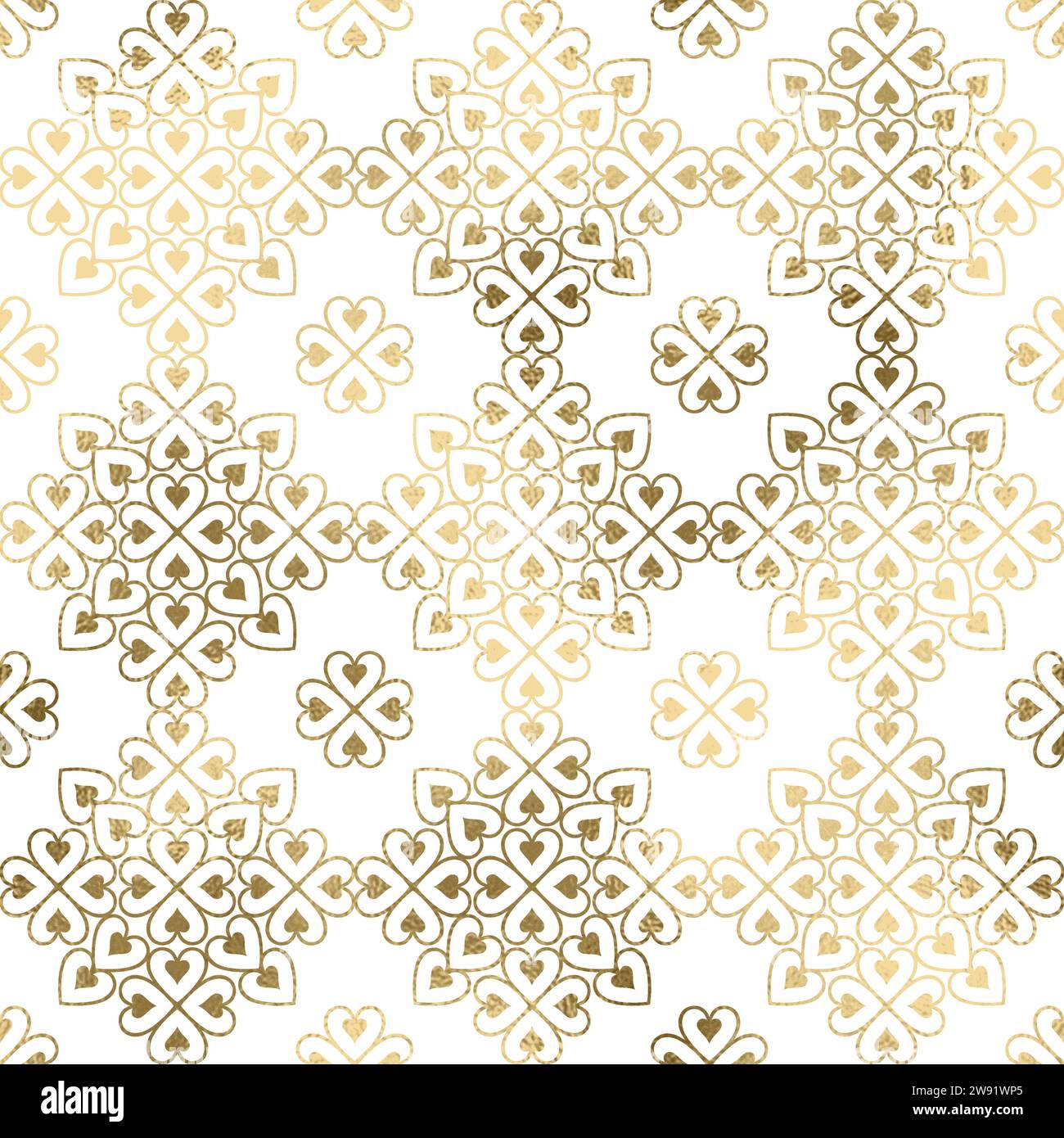 Heart mandala seamless pattern in gold, transparent background Stock Vector