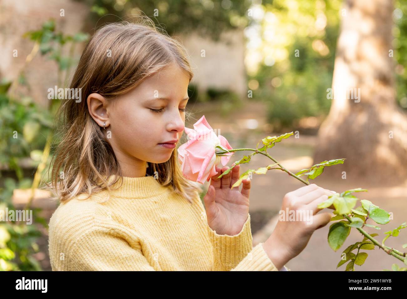 Girl with eyes closed smelling pink rose flower in park Stock Photo