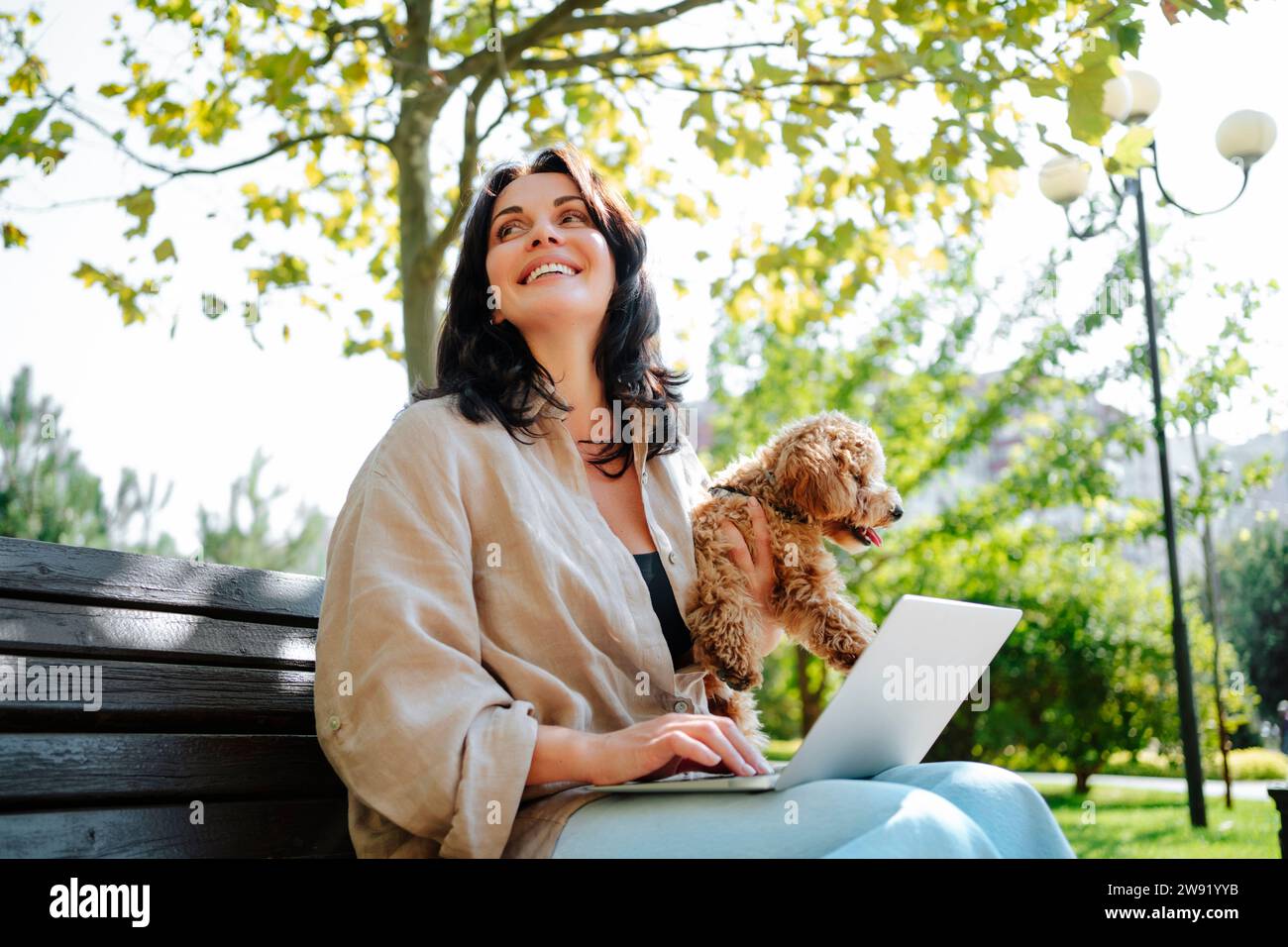 Smiling freelancer holding dog and sitting with laptop on park bench ...