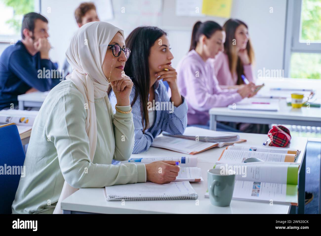 Multi-ethnic students at desk studying together in classroom Stock Photo