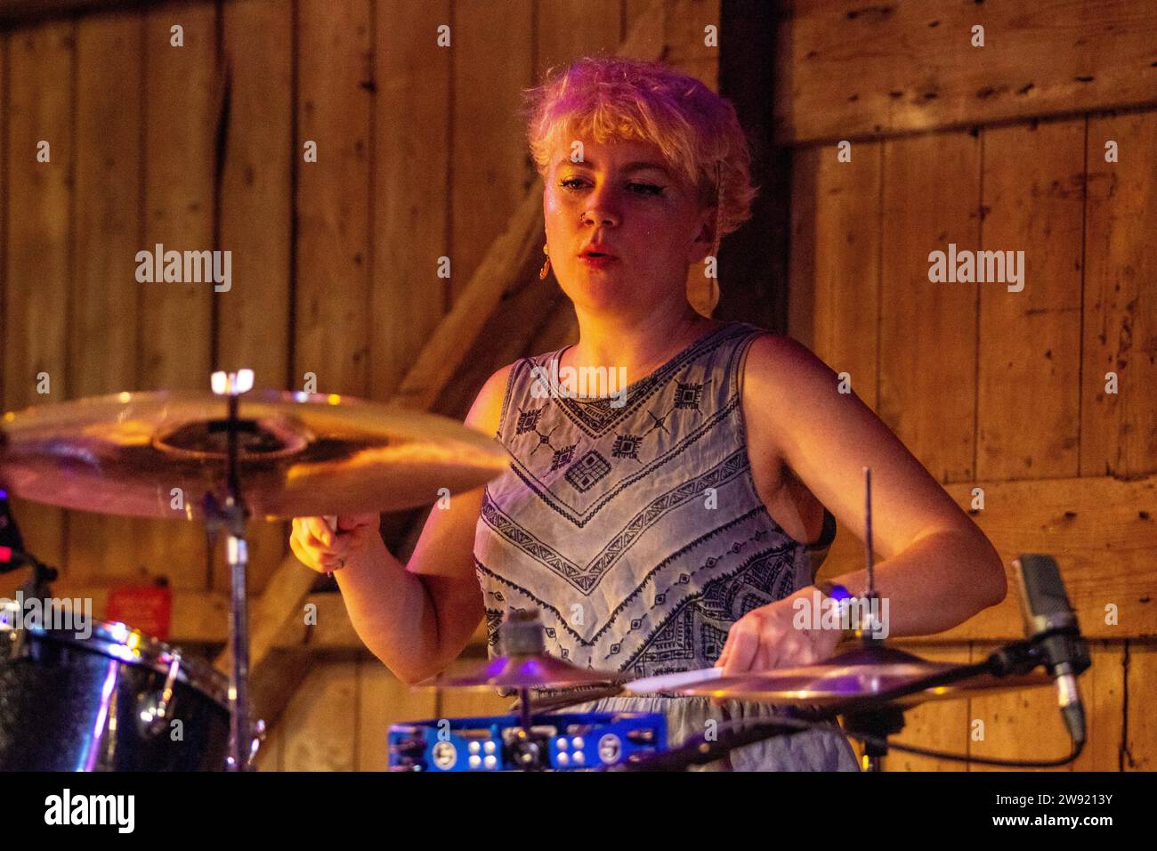 At the 2019 Maverick Americana festival a young woman kit drummer possibly playing with The Crux or Dana Immanuel & The Stolen Band or neither Stock Photo