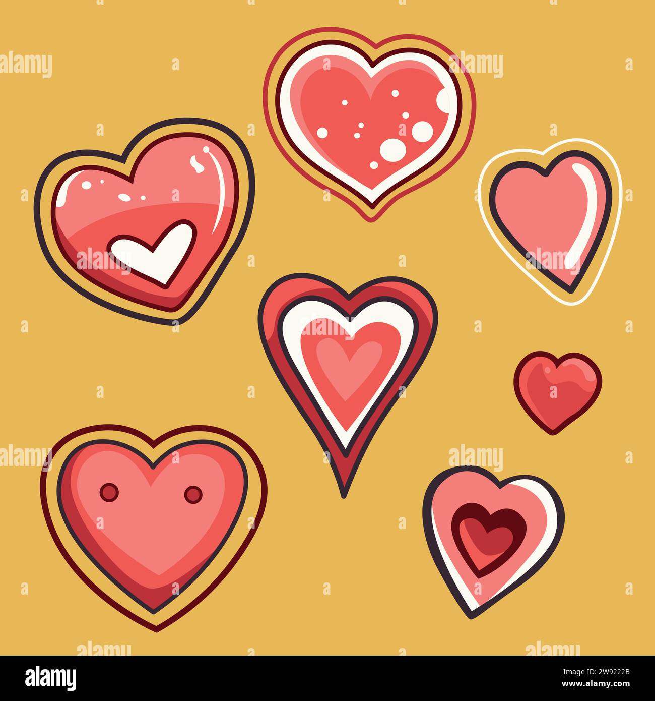 Various decorative hearts, cute lovely red pink on yellow background. Love, romance, valentine's day. Hand drawn clip art, flat design vector cartoon Stock Vector