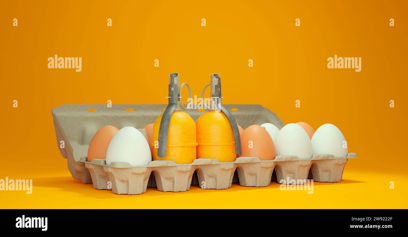 3D render of egg carton with two hand grenades Stock Photo