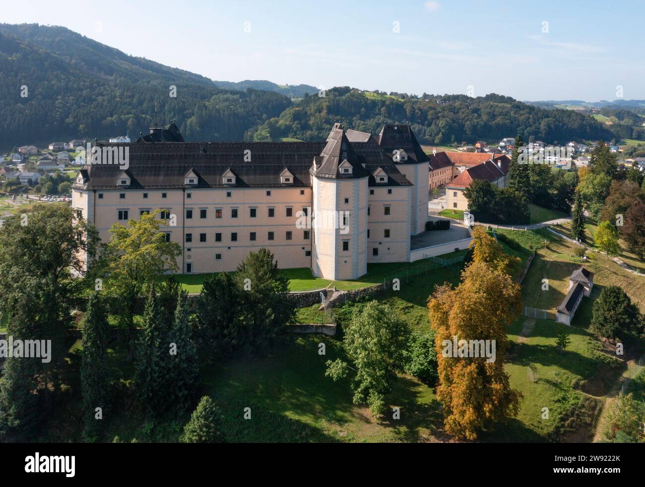 Austria, Upper Austria, Grein, Drone view of Greinburg Castle Stock Photo
