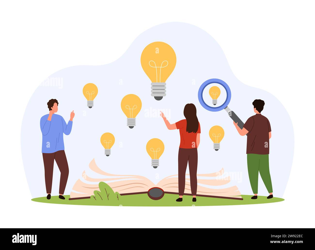 Knowledge, new ideas and inspiration from studying books. Tiny people look through magnifying glass at bright light bulbs flying out of open paper book, research projects cartoon vector illustration Stock Vector