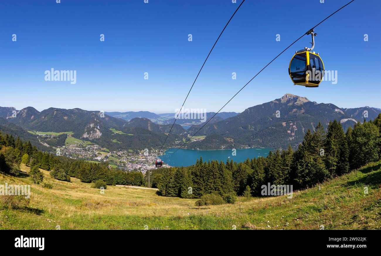 Austria, Salzburger Land, Saint Gilgen, Scenic view of Salzkammergut Mountains with overhead cable car in foreground Stock Photo