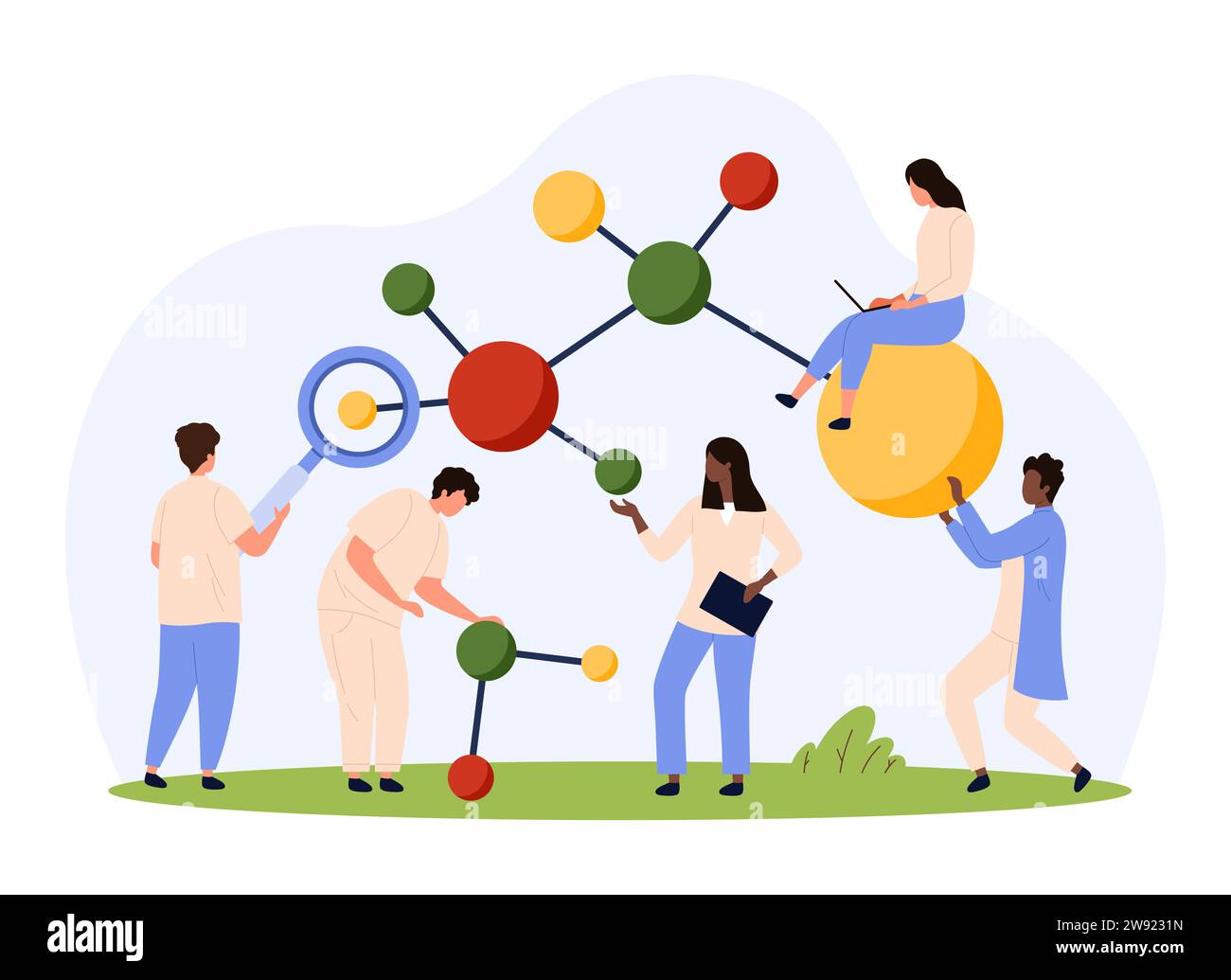 Molecular structure and genetic research vector illustration. Cartoon tiny people work on analysis of molecule digital model with atom spheres and cha Stock Vector
