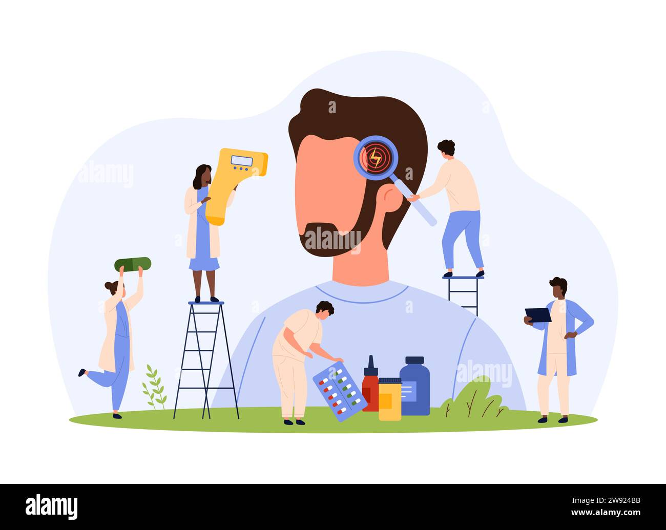 Diagnosis and treatment of flu, cold symptoms vector illustration. Cartoon tiny people check health of man with infrared thermometer and magnifying glass, diagnose high temperature, fever and headache Stock Vector