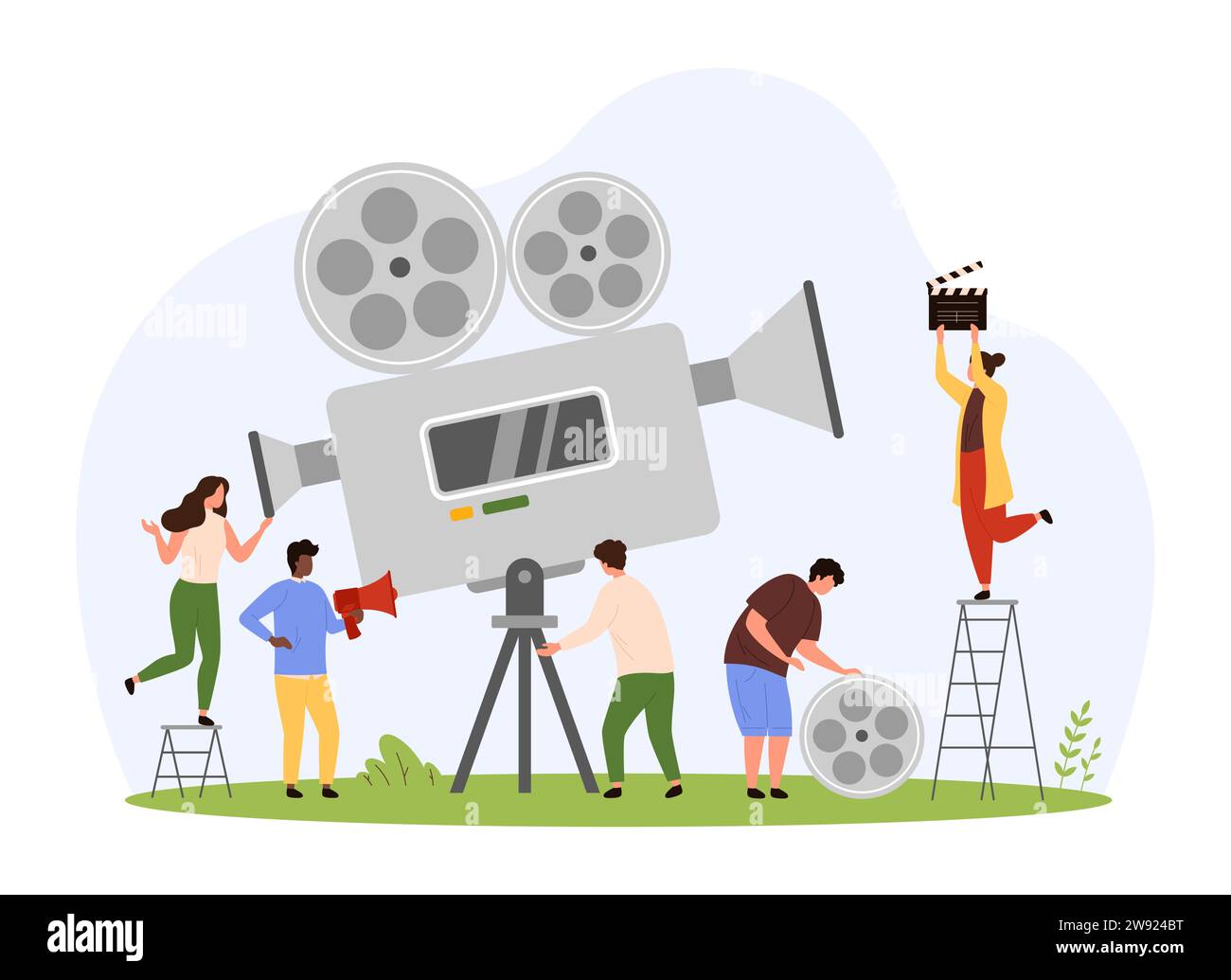 Videography, multimedia, video and cinema production by professional team. Tiny people with film reel and clapperboard making movie, cameraman recording with camera cartoon vector illustration Stock Vector