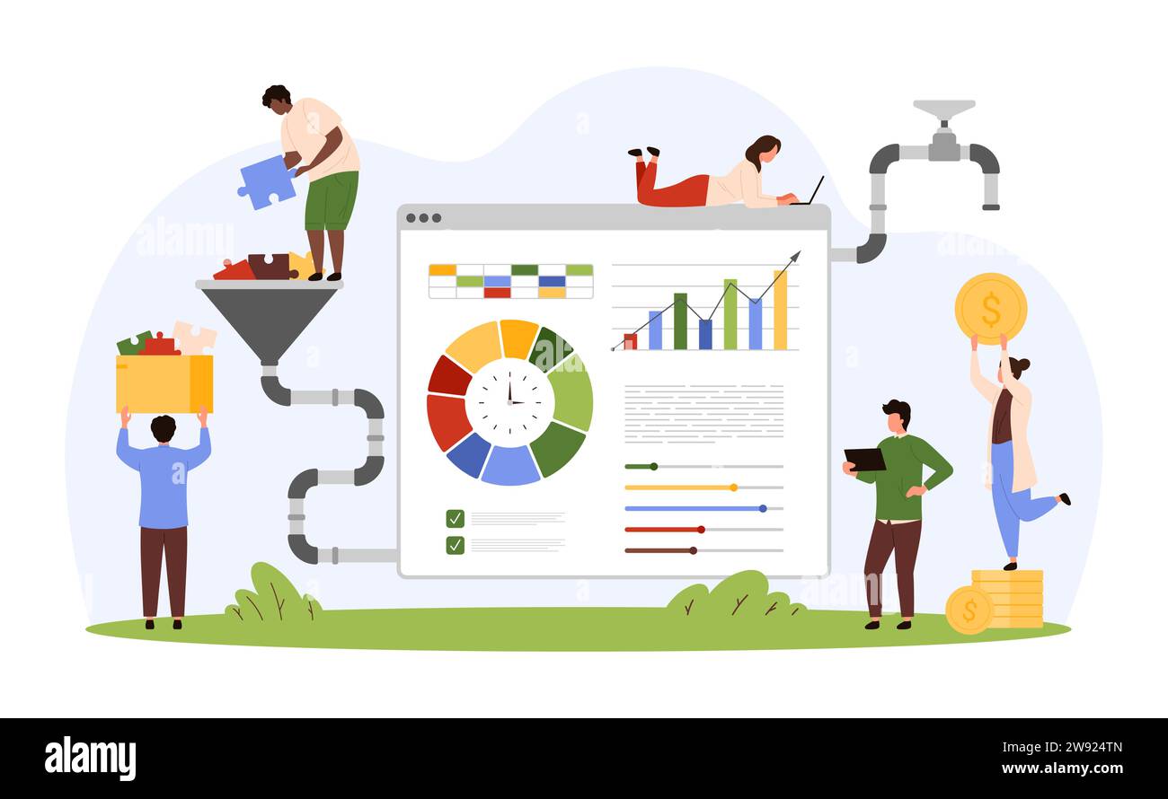 Data analysis, analytics and audit. Tiny people putting puzzle pieces ...